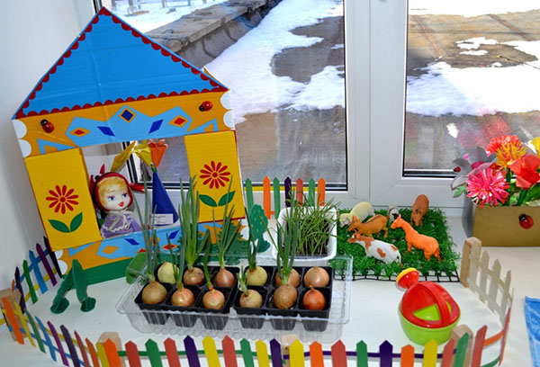 Mini-potager sur le rebord de la fenêtre de la maternelle