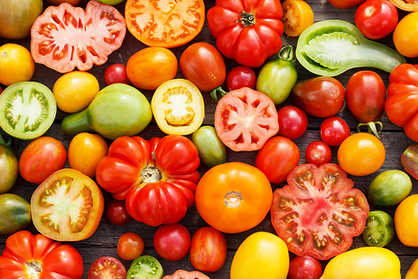 Įvairių veislių pomidorai